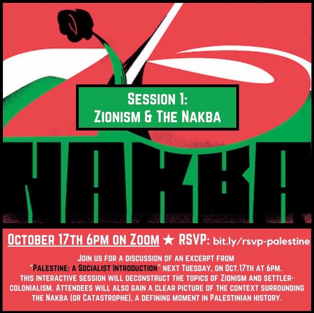 rocDSA's tweet photo. Tonight! Join @rocDSA and allies for the first installment of the Palestine Solidarity Education Series.

We will discuss an excerpt from Palestine: A Socialist Introduction, and explore the history of Palestine and the context of the occupation.

RSVP: https://t.co/T2PWlQ5fsr https://t.co/Sb4X08vIxy