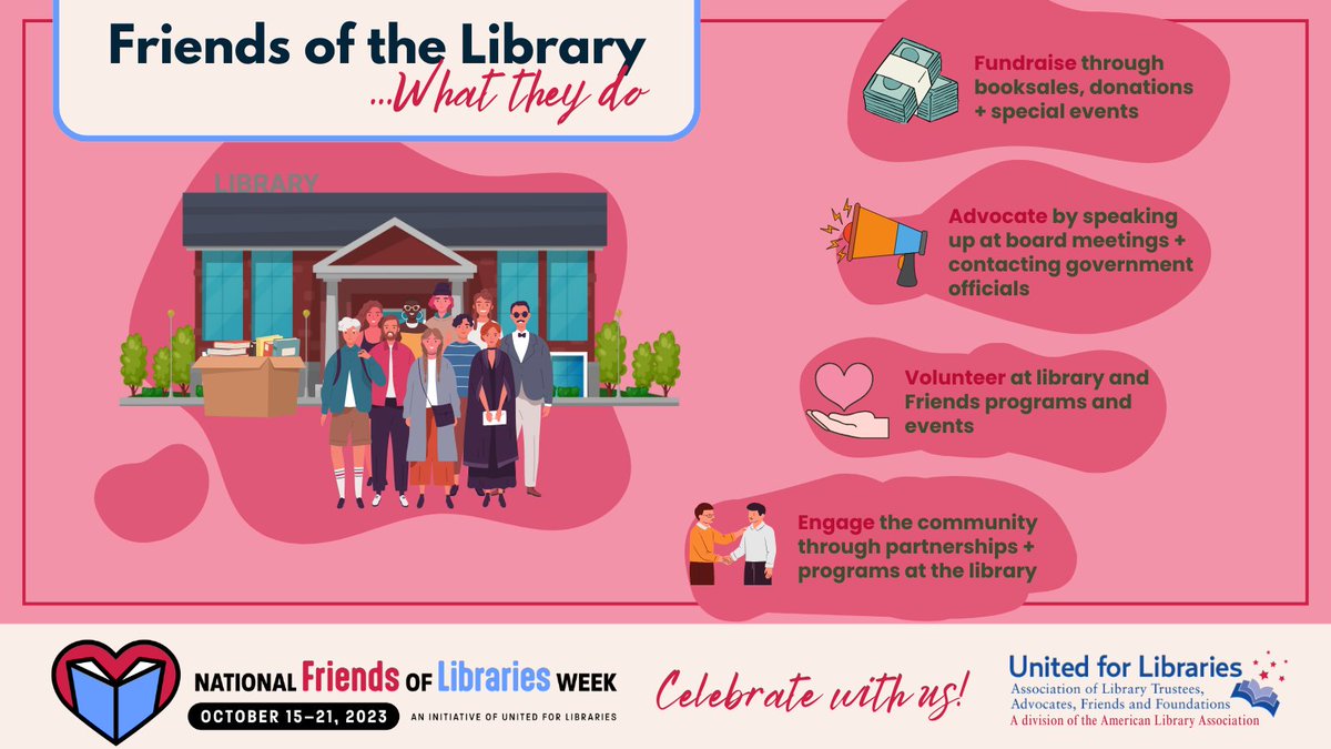 ala_united's tweet photo. ๐ We're shouting out the Friends of the Library for #NationalFriendsOfLibrariesWeek--here are just some of the ways Friends Groups support their local libraries and all libraries across the nation ๐๐ผ
#NFOLW23 #librarylove #libraries https://t.co/Qikeb1zUtD https://t.co/dSxFRONKMd