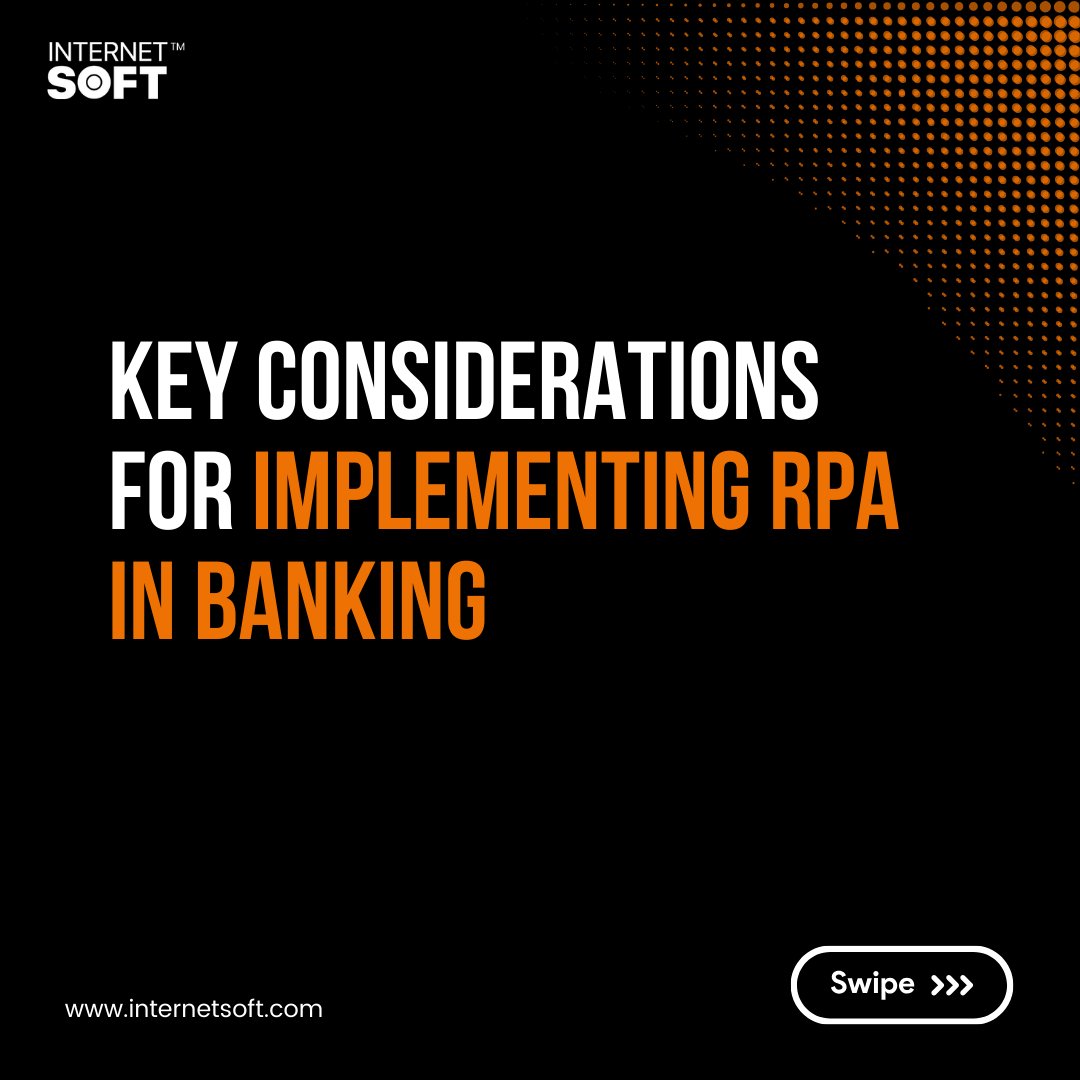Exciting times in the world of Banking and Automation! 🏦

Key Considerations for Implementing RPA in Banking.

Check full Carousel on  - linkedin.com/feed/update/ur…

Let's Connect - sales@internetsoft.com

#RPA #RoboticProcessAutomation #RPAinBanking #Banking #InternetSoft