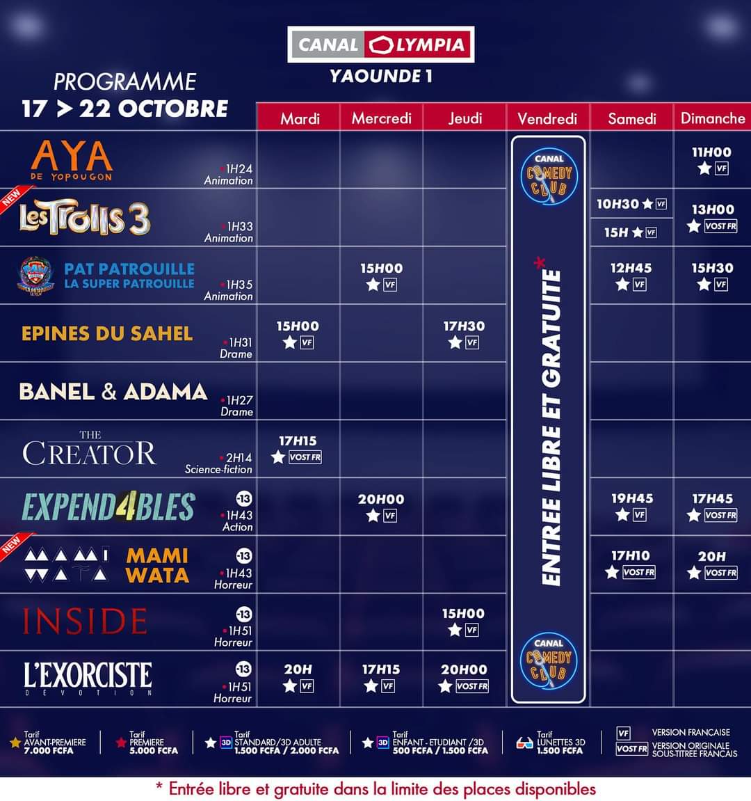 Ledawa's tweet photo. PROGRAMME CINÉMA DE LA SEMAINE
#CANALOLYMPIABESSENGUE
#CANALOLYMPIAYAOUNDE1
#CINEMAEDEN
#GENESISCINEMAS
#DOPE #DCLP #YCLM
#DOUALACESTLAPUISSANCE
#YAOUNDECESTLAMAGIE https://t.co/JzjcozfJdW
