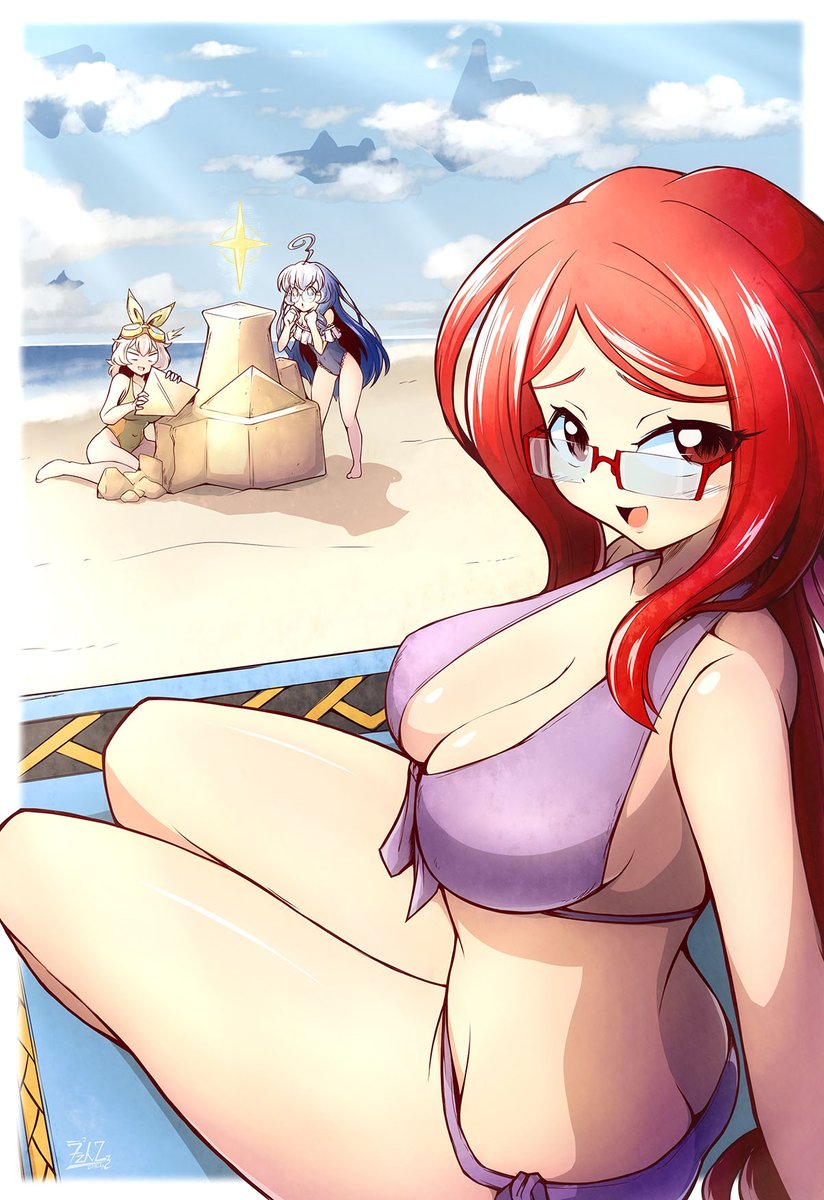 swimsuit multiple girls breasts bikini red hair glasses large