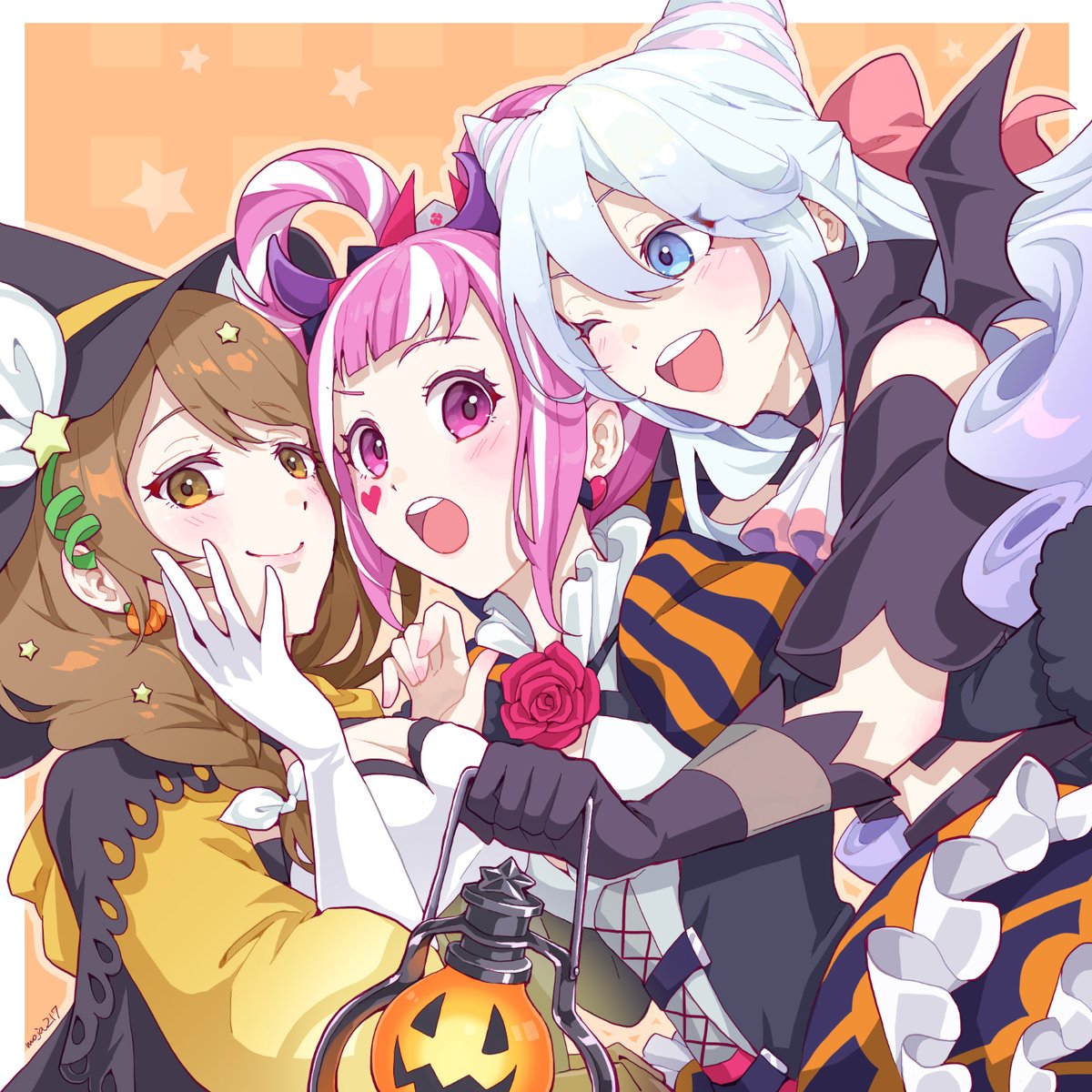 multiple girls 3girls pink hair brown hair witch hat gloves halloween  illustration images