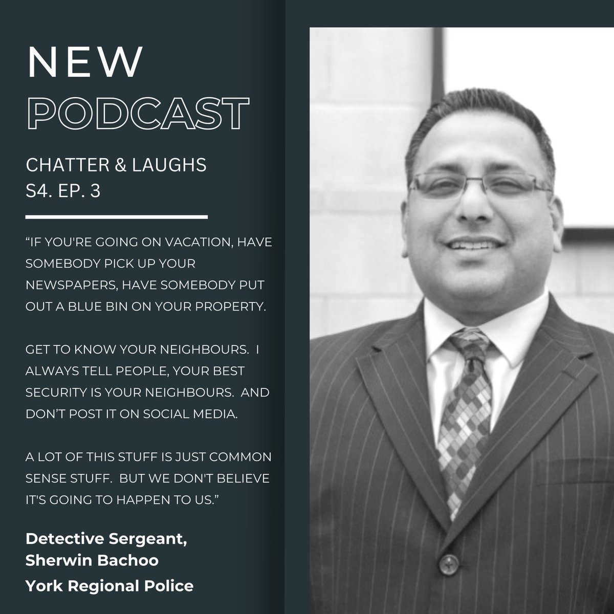 Thank you Detective Sergeant Sherwin Bachoo for joining me on the podcast this month and for sharing so much insight and tips after 30+ years of service. Link to podcast - chatterandlaughs.ca/podcast/episod…