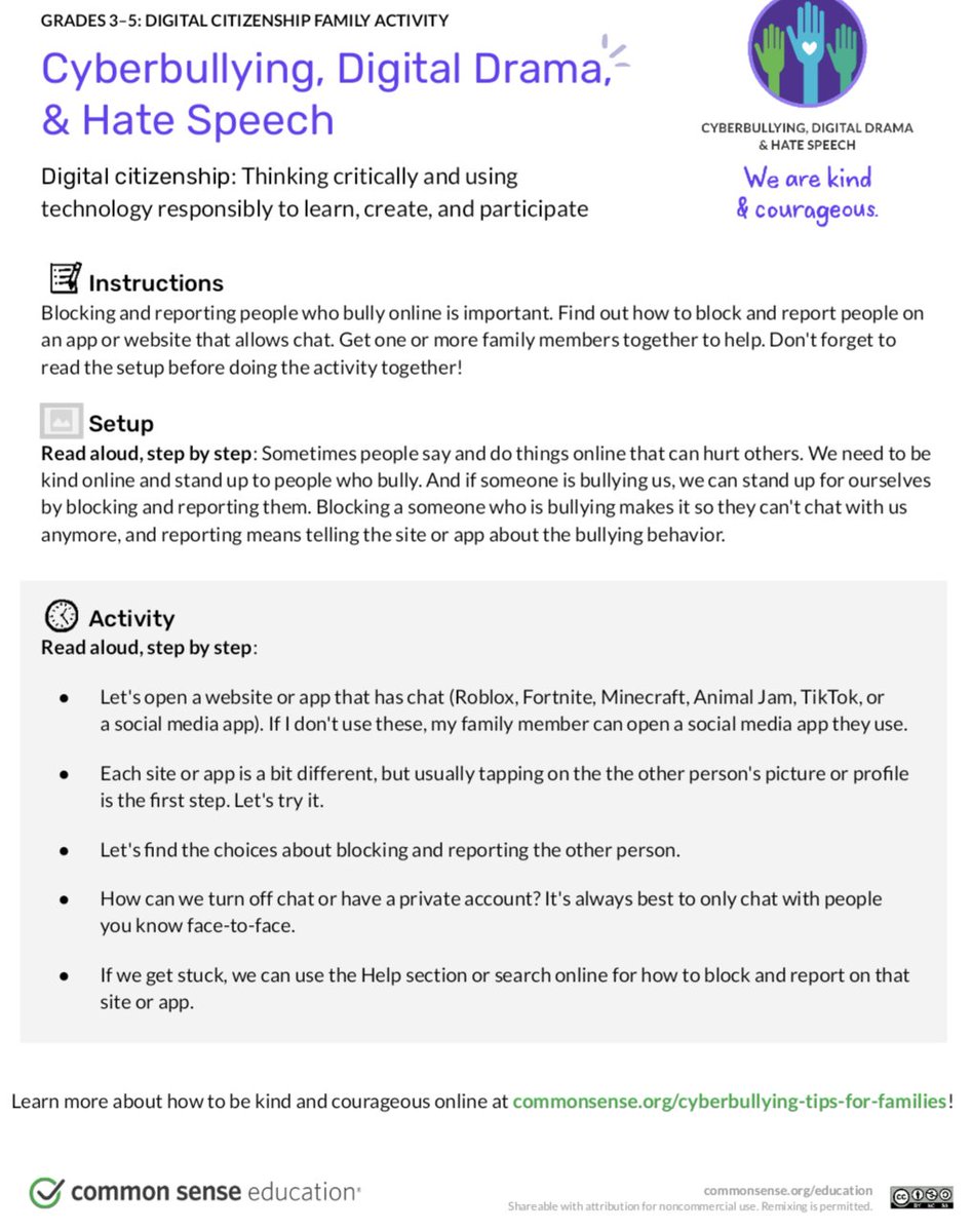 Ocelotscode's tweet image. 💻Digital Citizenship Topic of the Day: Cyberbullying 
💻We encourage all families to talk to their children about cyberbullying and use these tips to fight cyberbullying. You can also use the following video link to learn more about this topic.
commonsense.org/education/vide…  #DCWeek