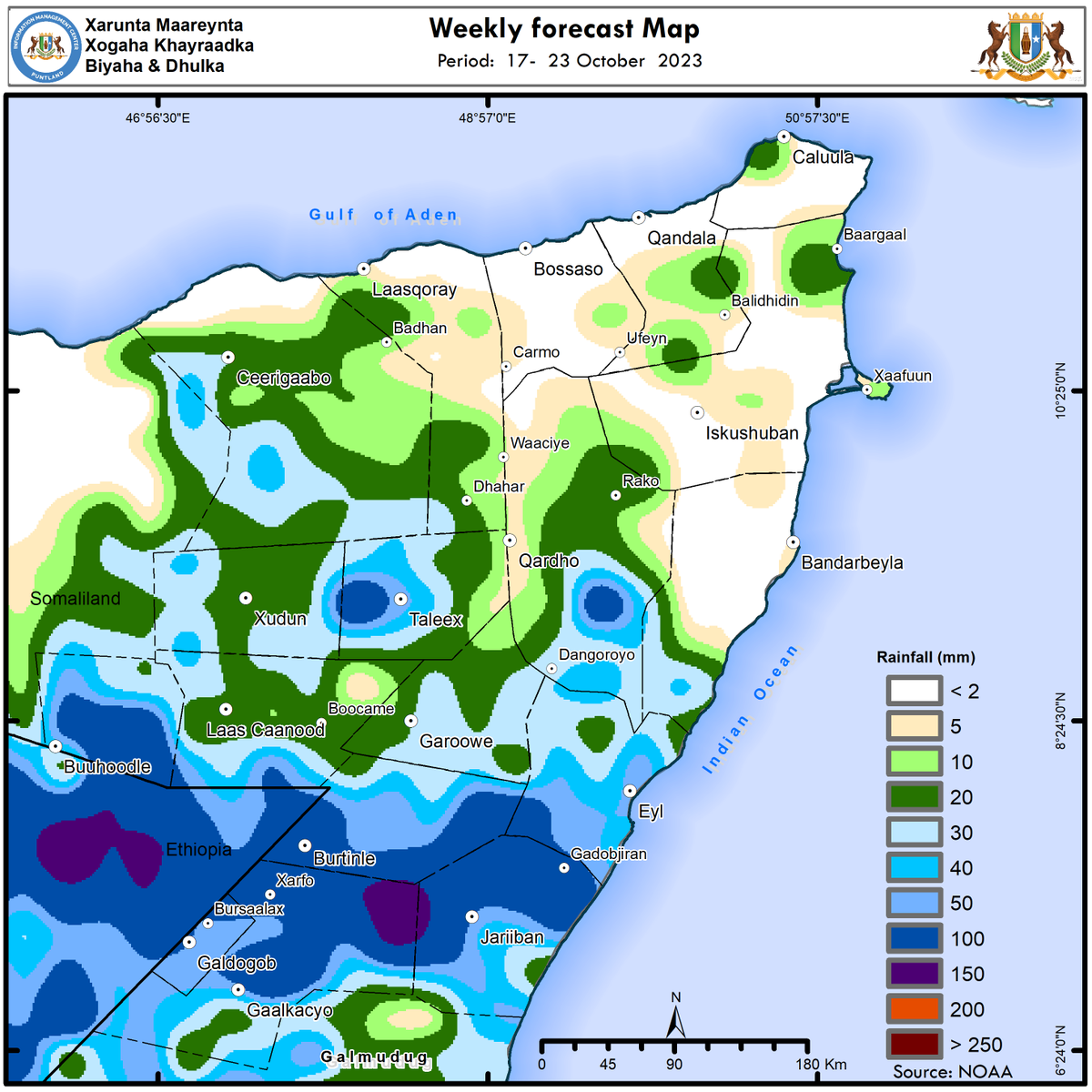 🌧️ Here's the seven-day cumulative rainfall forecast from October 17th to 23rd, 2023. Stay prepared for the week ahead ☔️ #Imc_Puntland