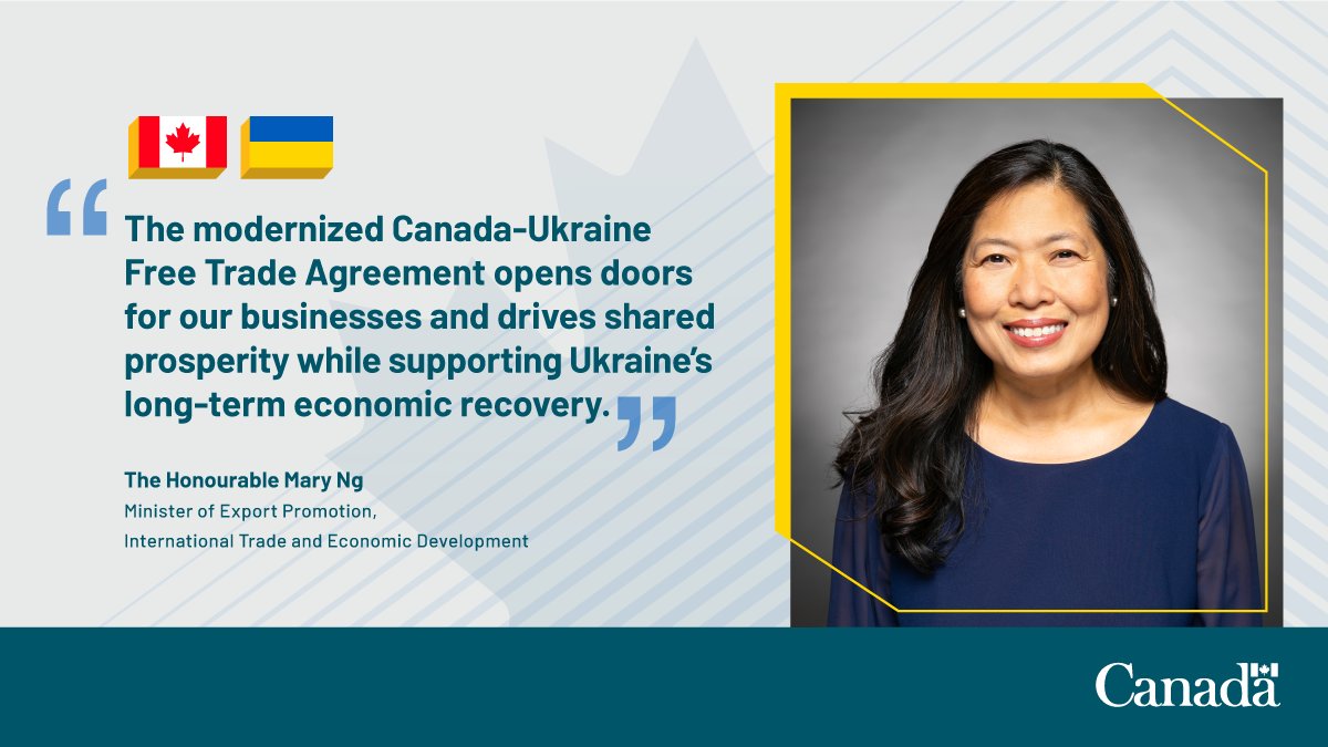 CanadaTrade's tweet image. Minister Ng introduced legislation to implement the modernized Canada-Ukraine Free Trade Agreement, helping to support economic recovery in Ukraine and opening new opportunities for Canadian and Ukrainian businesses.📊 Learn more➡️ canada.ca/en/global-affa… #StandwithUkraine #CUFTA