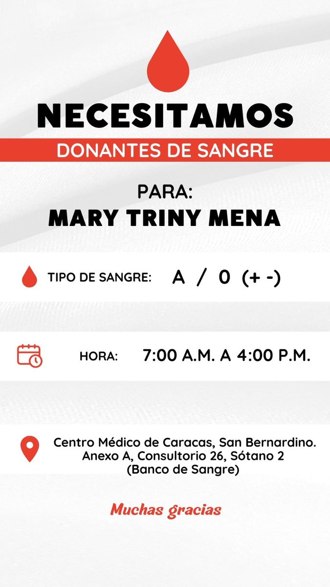 #ServicioPúblico | Nuestra delegada voluntaria en Caracas Mary Triny Mena (<a href="/MENAMARY/">MARY MENA</a>) tuvo que ser intervenida de emergencia y se necesitan 10 donantes de sangre A y/o O (+ -) en el Centro Médico de #Caracas, San Bernardino. 

Más información en la imagen #17Oct