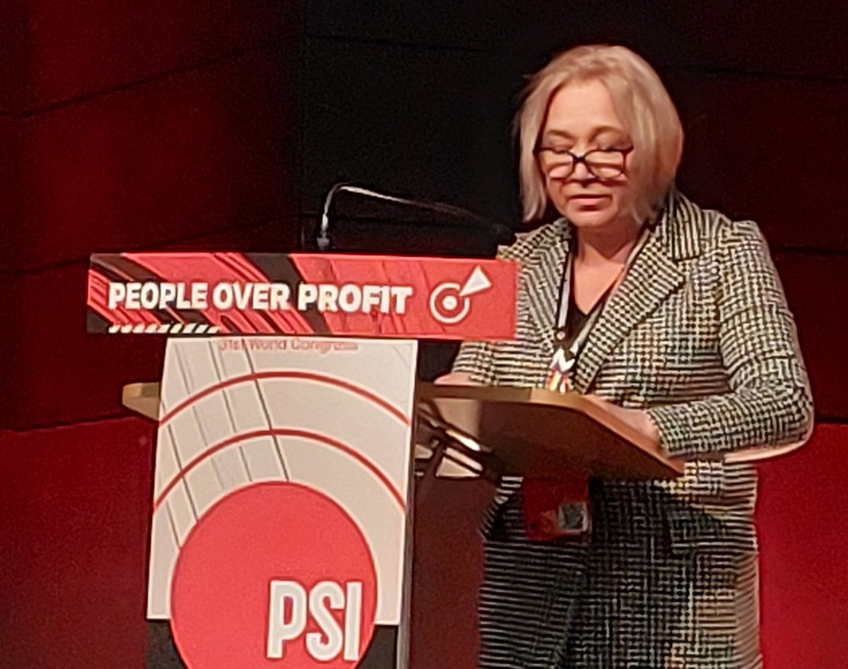'With the war in the Middle East taking our attention. We must not take our eyes off the war on Ukraine'. Emergency motion on Ukraine supported by Liz Snape, AGS, @unisontheunion @PSI #PSICongress2023 in solidarity with @atomprofspilka  & other Ukrainian TUs