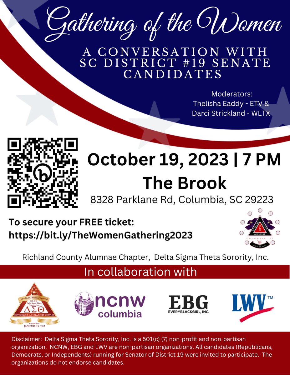 Join Columbia (SC) Alumnae and our partners for a candidate forum for Senate District 19 on Thursday, October 19th at 7pm. To register scan the QR code or use the link below. 

docs.google.com/forms/d/e/1FAI…

#CACDeltas #SocialAction #DeltasVote