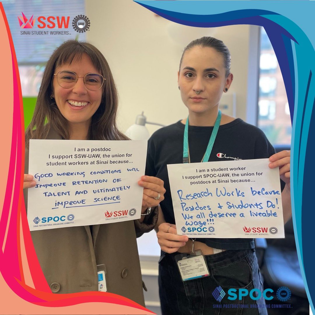 Sinai Student Workers-UAW (@sswuaw) on Twitter photo 🤜🤛Postdocs and graduate student workers are uniting for a brighter future! ✨ Judit (<a href="/spocuaw/">Sinai Postdoctoral Organizing Committee-UAW</a>) and Kayla (<a href="/SSWUAW/">Sinai Student Workers-UAW</a>) support both unions because <a href="/IcahnMountSinai/">Icahn School of Medicine at Mount Sinai</a> postdocs and grad student workers deserve better working conditions and wages! 🤜🤛Postdocs and graduate student workers are uniting for a brighter future! ✨ Judit (<a href="/spocuaw/">Sinai Postdoctoral Organizing Committee-UAW</a>) and Kayla (<a href="/SSWUAW/">Sinai Student Workers-UAW</a>) support both unions because <a href="/IcahnMountSinai/">Icahn School of Medicine at Mount Sinai</a> postdocs and grad student workers deserve better working conditions and wages!
