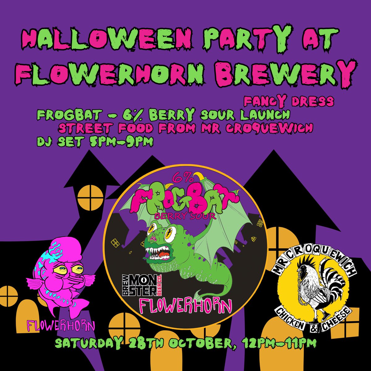 HALLOWEEN PARTY AT FLOWERHORN BREWERY! 🎃🍺👻
Join us on Saturday 28th for an all day party! We’ll have:
🐓Street Food from <a href="/Mr_Croquewich/">Mr Croquewich</a> 
🫐FrogBat - 6% Berry Sour re-launch
🎧Dj Set 5pm-9pm 
💰Prizes for best dressed
It’s free entry all day and fancy dress is encouraged!