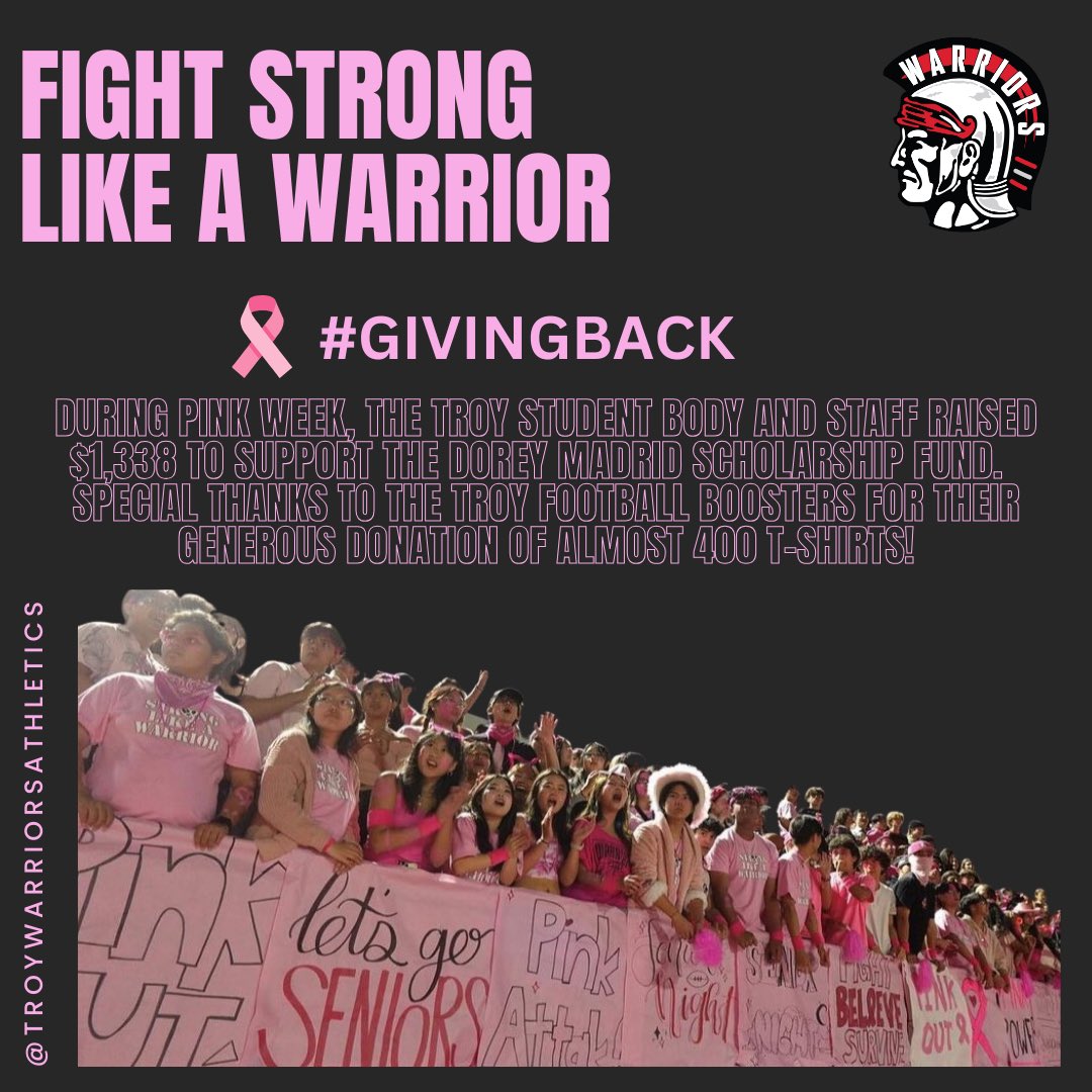 Troyhsathletics's tweet photo. Pink Week! Troy student body and staff raised over $1000 to help fund the Dorey Madrid Scholarship Fund! #FIGHTSTRONG #WEAREWARRIORS @fjuhsd @TroyHSWarriors @OCSportsZone @FullertonSD @FJUHSD_EdServ @ocvarsityguy @SteveFryer @warriortroy https://t.co/xYDggtWqN0