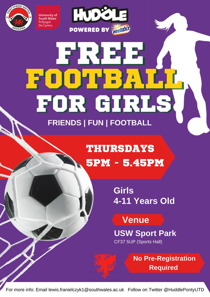 Please Share 🚨 A free, fun focused football session for girls aged 4-11 of all abilities to enjoy football in a safe and confidence-giving environment, held at the the @USWSport Park in connection with @PontyUnitedA ⚽️😀