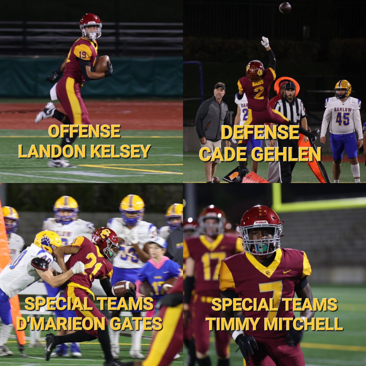 Congratulations to our Week 7 Players of the Week!
O POTW- Landon Kelsey
D POTW- Cade Gehlen 
Stepping Stone Cafe Special Teams POTW- D'Marieon Gates and Timmy  Mitchell 

#GORAMS #TCOM #FTFRCR