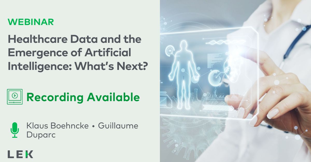 LEK_Consulting's tweet photo. Can #artificialintelligence deliver real world #healthcare benefits? Discover what leading companies are doing with AI in our popular webinar recording. https://t.co/sjJY2bBs5U #LEKWebinar #LEKHealthcare https://t.co/FiCxpPgR1t