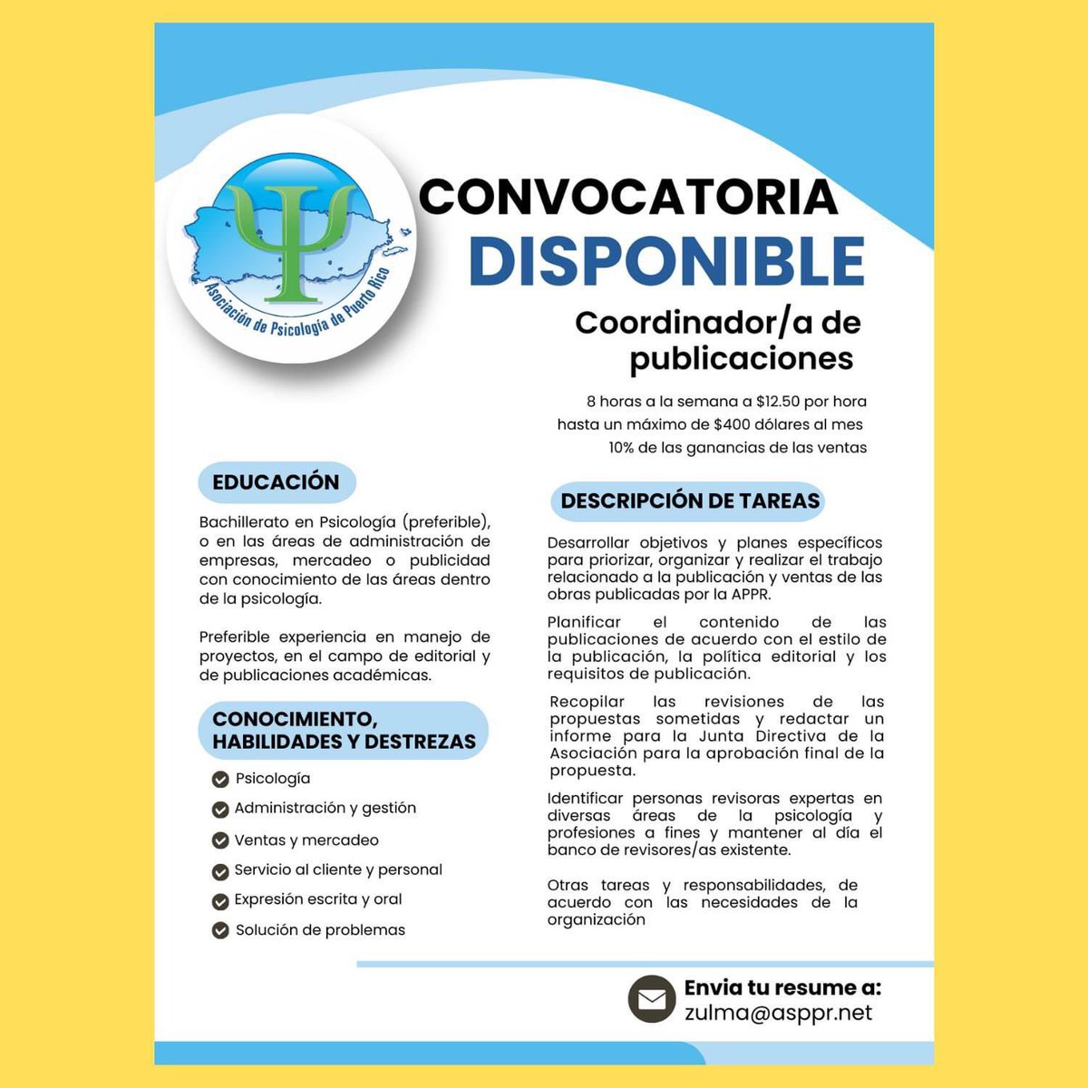 Se abre convocatoria para el Reclutamiento de un Coordinador/a de publicaciones.

Personas interesadas pueden comunicarse con Zulma M. Vásquez y enviar su resume al siguiente correo electrónico: zulma@asppr.net

Para mas información: asppr.net/seccion-de-emp…