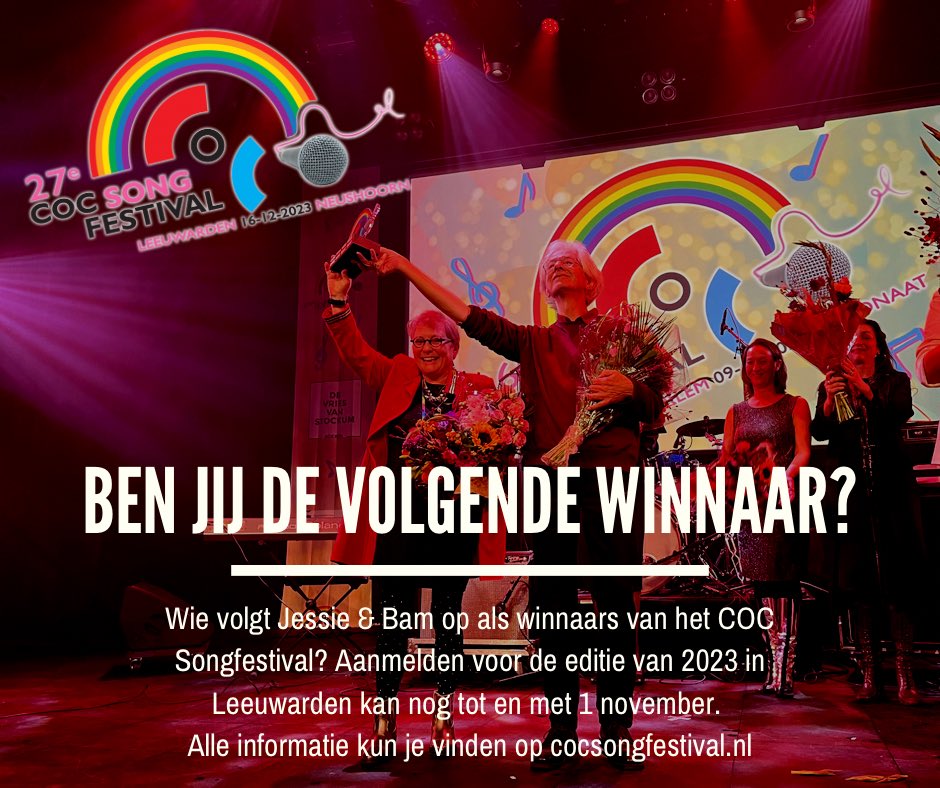 Wil jij kans maken om de volgende winnaar van het COC Songfestival te worden? Dat kan! Je kunt je nog aanmelden tot en met 1 november. Alle informatie kun je vinden op onze website cocsongfestival.nl