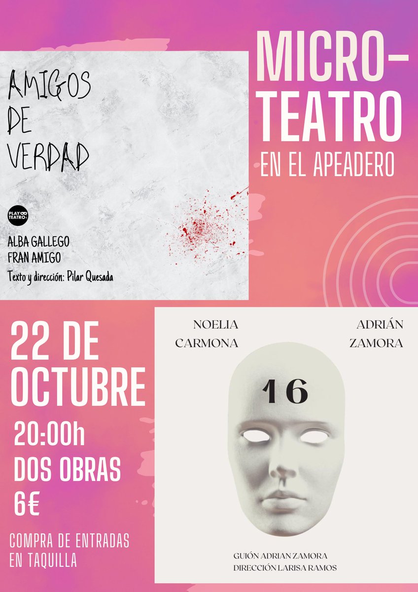 Toc, toc, ¿se puede? Llevamos como un año sin aparecer por aquí, pero seguimos haciendo teatro. 

El 22 de octubre nos puedes ver en <a href="/ElApeadero/">El Apeadero</a> (Granada). Dos obras de microteatro por 6€. Las entradas se compran allí mismo un ratito antes. Os esperamos!
