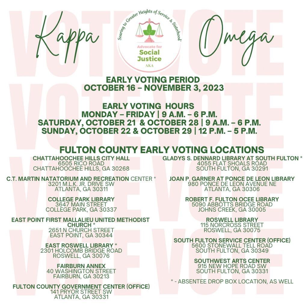 AKA_KappaOmega's tweet image. Make sure your voice is heard! Fulton County is having elections in 15 of it. 16 cities. Early voting has started and election day is November 7.
#KappaOmega
#Connection #SocialAction #VotingisPower.