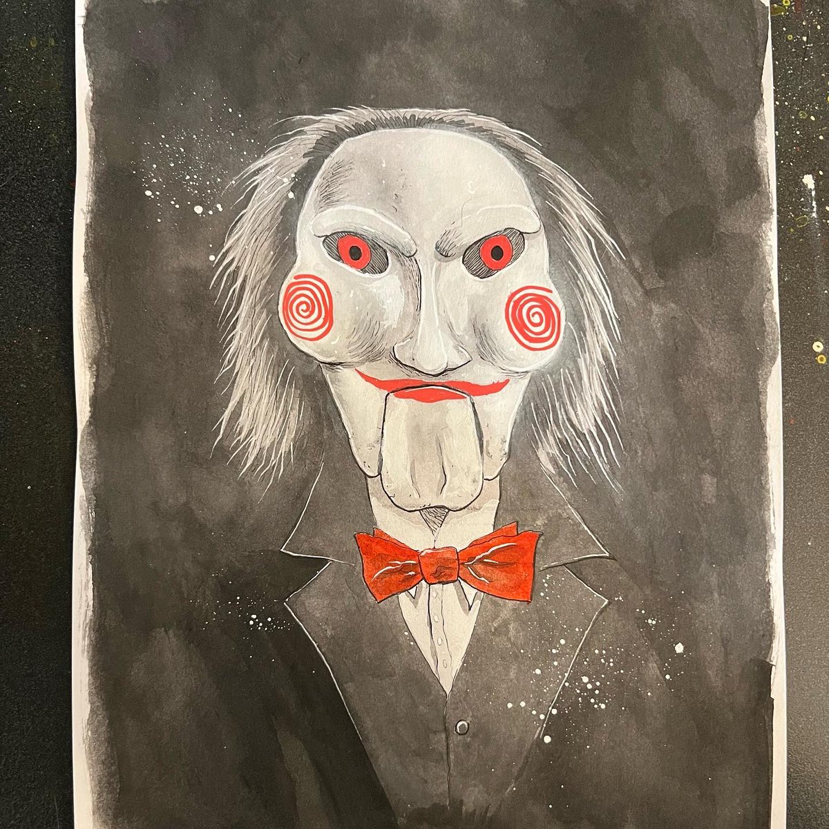 Templesmith's tweet image. Helltober day 17: Jigsaw.

I believe he’s named after the Will Smith rap song “getting jiggy with it” right?
#saw #jigsaw #helltober