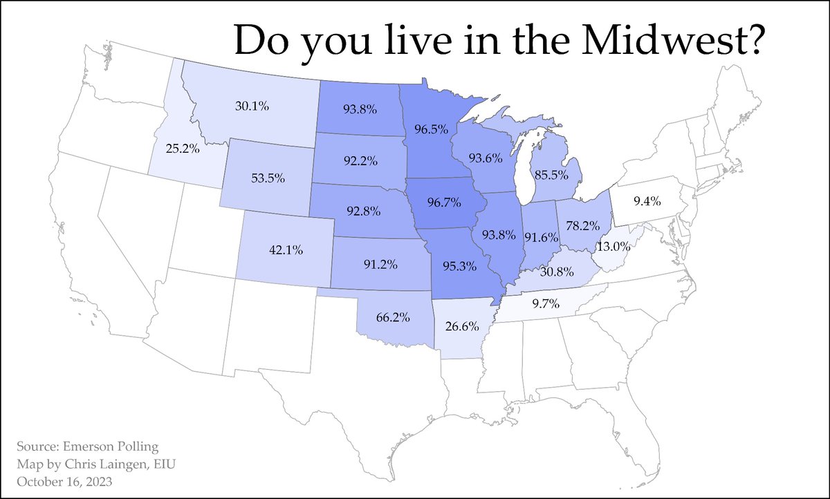 MiddleWestRev's tweet photo. Results! In these states, this percentage of people believe they are in the Midwest. Chew on these results while we crunch the data down to the zip code level and get granular. What parts of these Midwestern states do you think will shade less Midwestern? All input welcome https://t.co/jjS16CEDLk