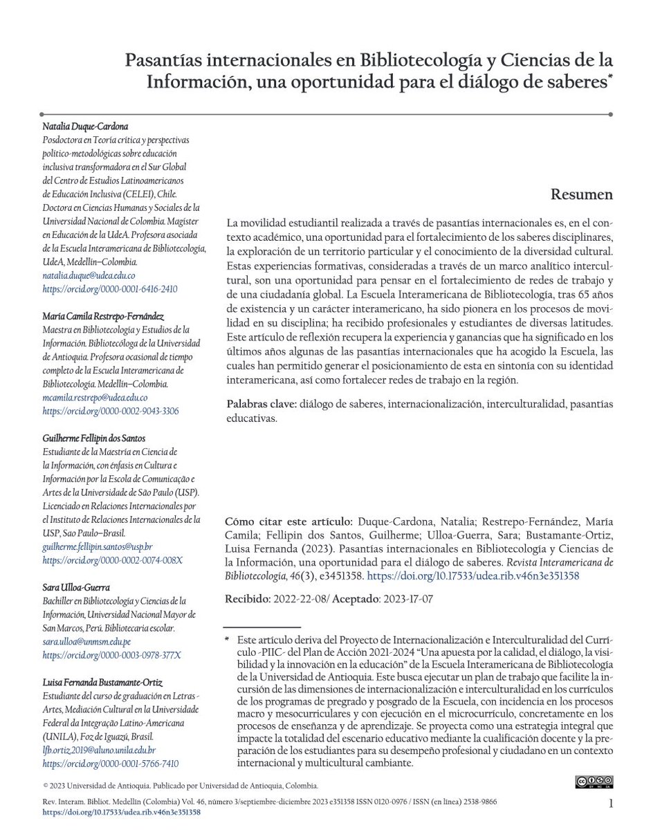 IFLACPDWL's tweet image. New article: "Pasantías internacionales en Bibliotecología y Ciencias de la Información" by CPDWL advocate Sara Ulloa 🇵🇪. Congrats!

Read more here: revistas.udea.edu.co/index.php/RIB/…