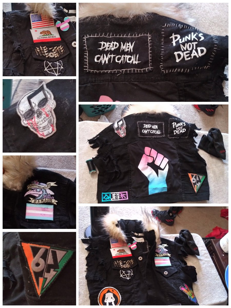 AseremoFuzzButt's tweet photo. So I was commissioned to draw my Gf's ratsona and gave me some creative freedom. I drew her a vest and she fell in love with idea. 
Last week I finally finished hers. Life imitates art and vice versa. Super proud of my creations. Even the non-digital ones
 #furryart #battlejacket https://t.co/WyTaQTlM7g