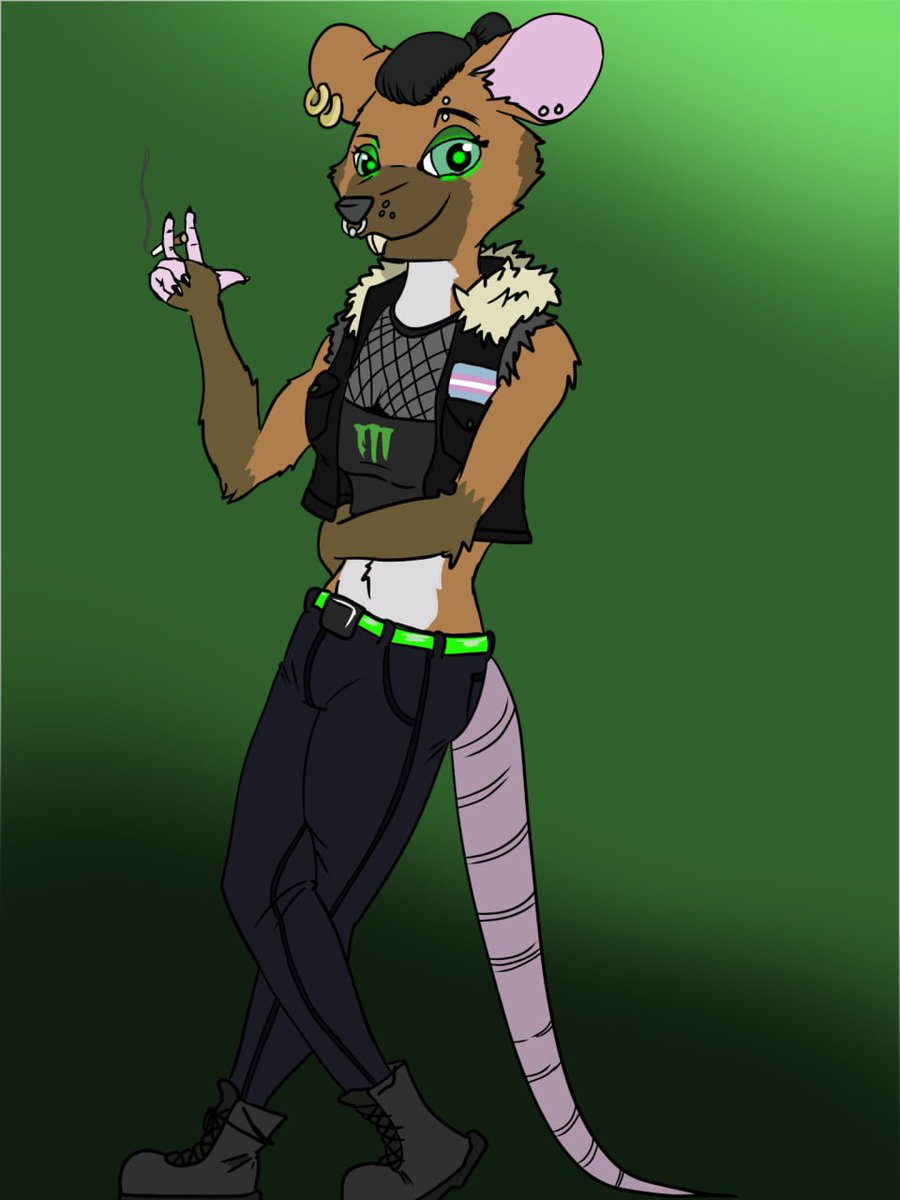 AseremoFuzzButt's tweet photo. So I was commissioned to draw my Gf's ratsona and gave me some creative freedom. I drew her a vest and she fell in love with idea. 
Last week I finally finished hers. Life imitates art and vice versa. Super proud of my creations. Even the non-digital ones
 #furryart #battlejacket https://t.co/WyTaQTlM7g