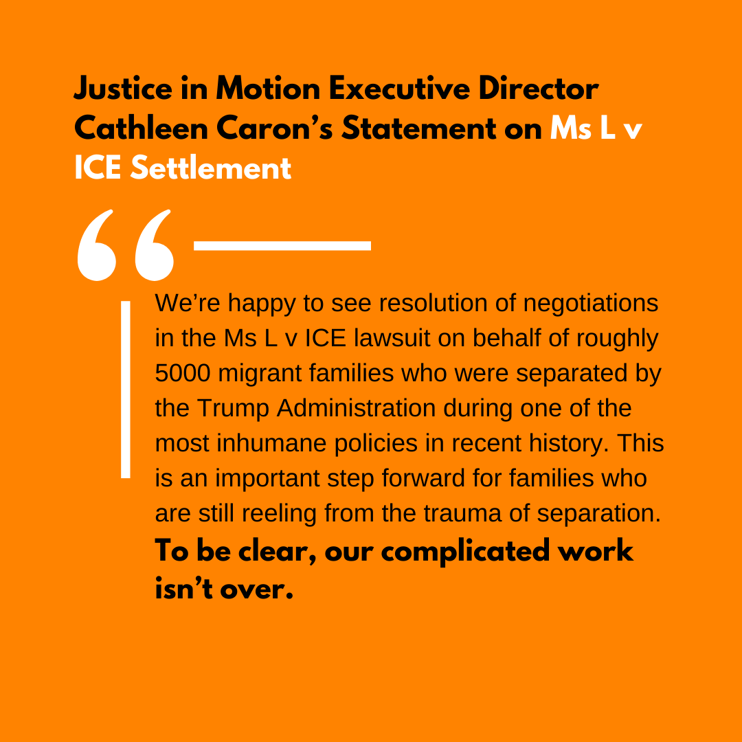 JusticeInMotion's tweet photo. Justice in Motion welcomes progress in family reunification settlement agreement. Read our Executive Director’s full statement. https://t.co/7TKY0uxODU