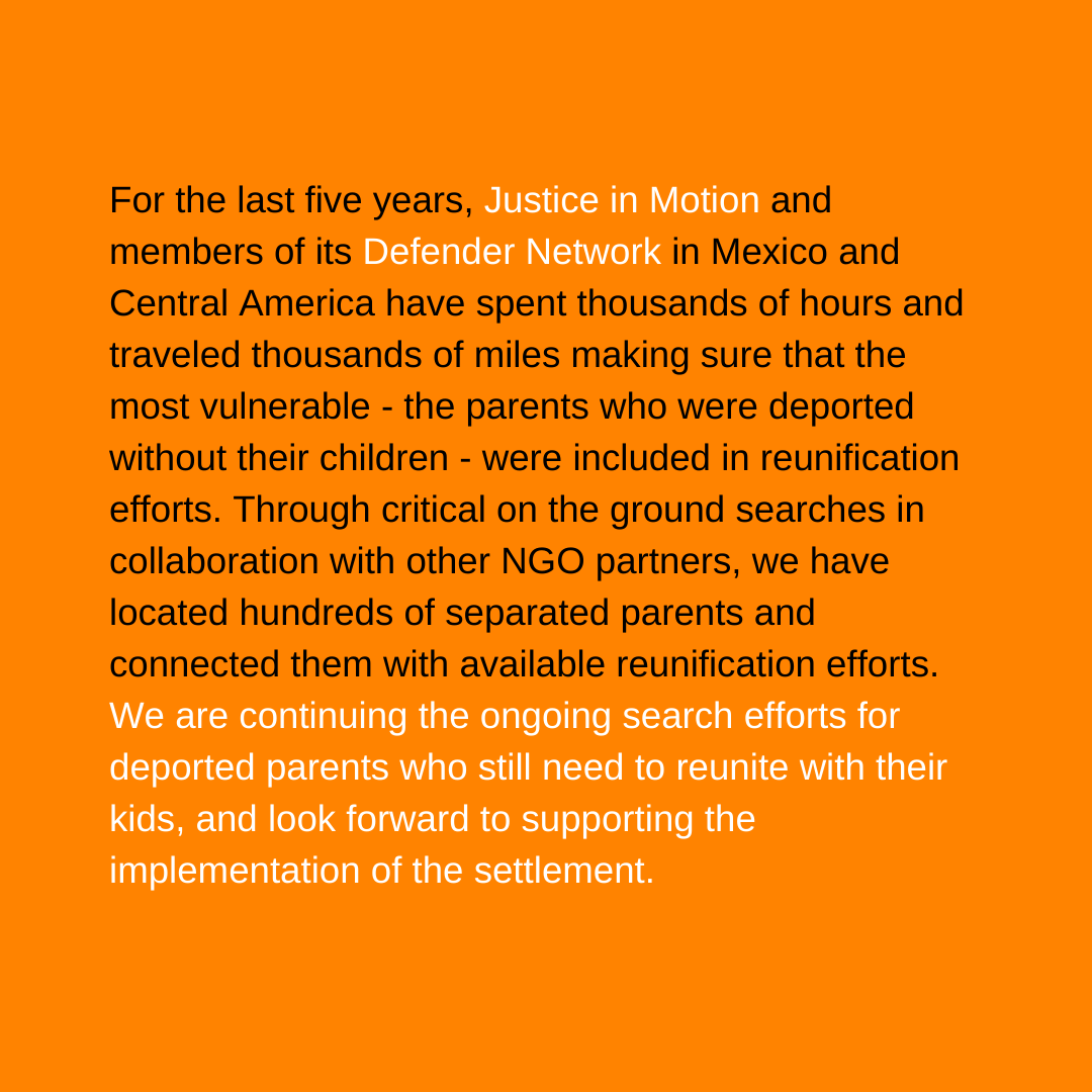 JusticeInMotion's tweet photo. Justice in Motion welcomes progress in family reunification settlement agreement. Read our Executive Director’s full statement. https://t.co/7TKY0uxODU