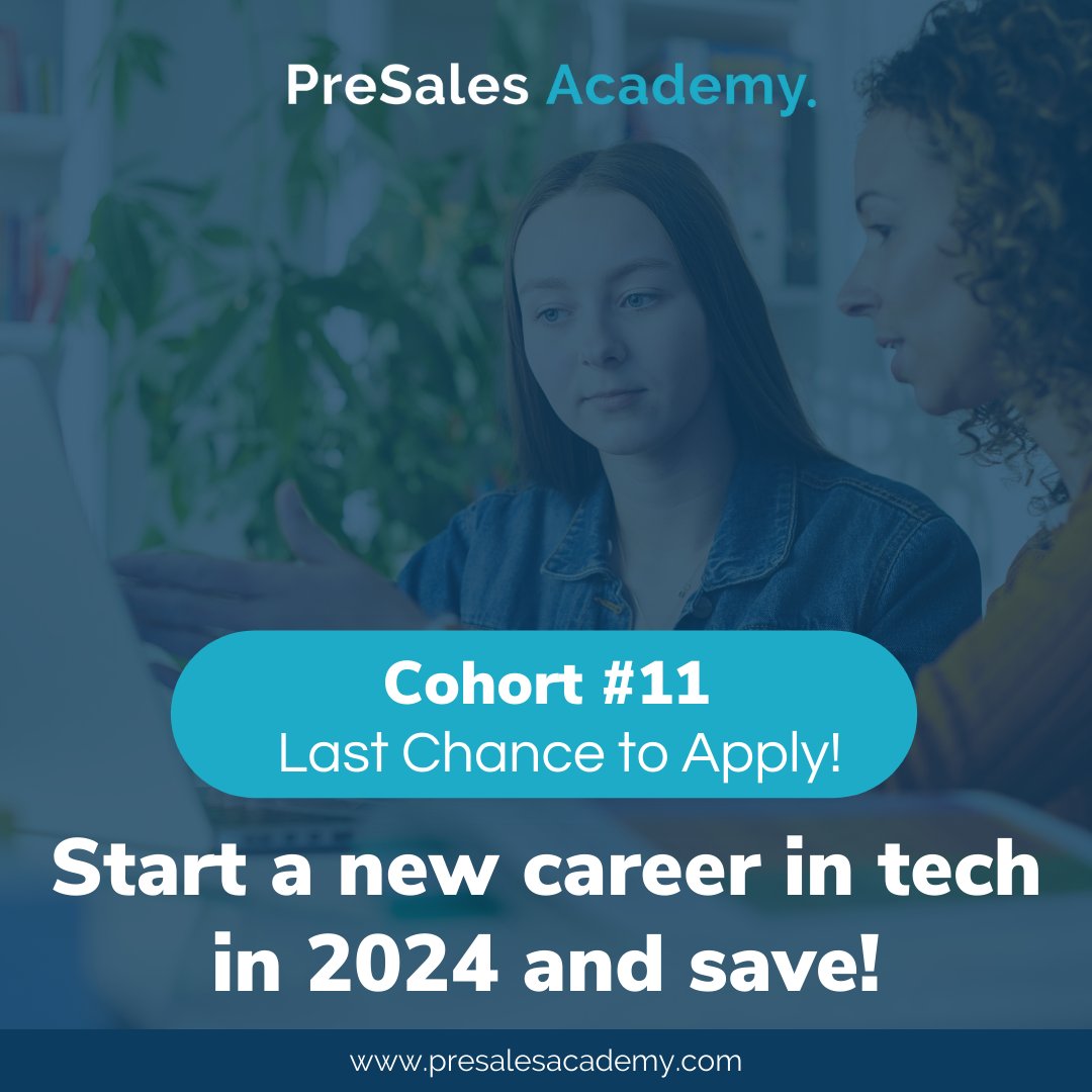 PreSalesAcademy's tweet photo. Apply today for Cohort #11 and SAVE with our special tuition rate. Don’t miss out on the opportunity to save thousands by waiting for our next cohort.

Ready to take advantage of this opportunity? Follow this link to submit your application: https://t.co/fJB1W5FWsO 
#presales https://t.co/jOeyhIPWeI