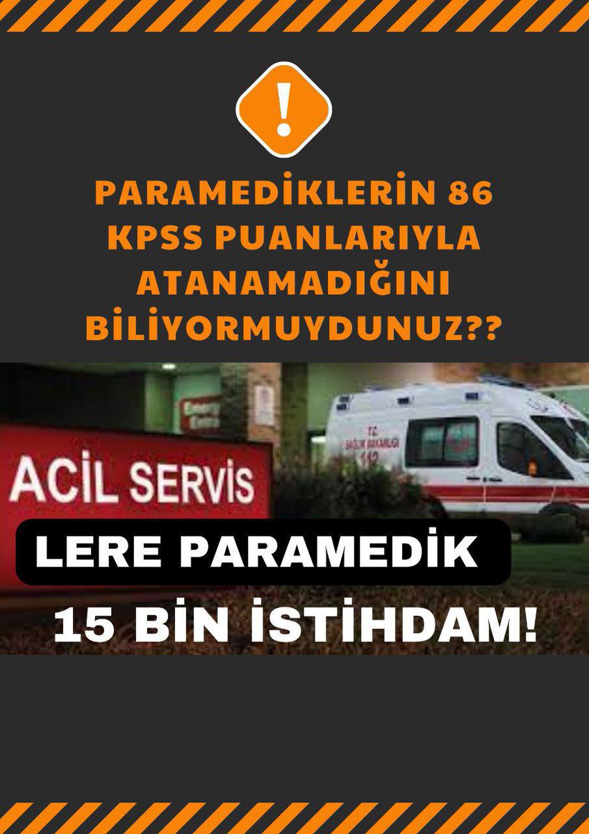 <a href="/halksagligigm/">Halk Sağlığı Genel Müdürlüğü</a> TÜRKİYE'de
112 P-A-R-A-M-E-D-İ-K 
ATANAMAYAN en yüksek bölüm oldu 😔 (KPSS:86,82)
Devlet büyüklerim, <a href="/RTErdogan/">Recep Tayyip Erdoğan</a> <a href="/drfahrettinkoca/">Dr. Fahrettin Koca</a> 112 bizler atanamıyoruz. Deprem, korona gibi binlerce felaket yaşadık...
Lütfen #Paramediklere15binatama vermenizi bekliyoruz.