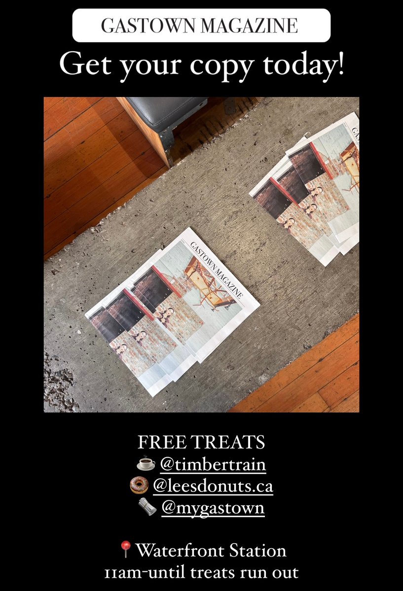 gastown's tweet photo. FREE TREATS, starting at 11am today: We are handing out @leesdonuts_ca, @Timbertrain coffees, and copies of the FW2023 issue of Gastown Magazine. 

Stop by at Waterfront Station to say hi. See you there? https://t.co/mzKCuv9gEE
