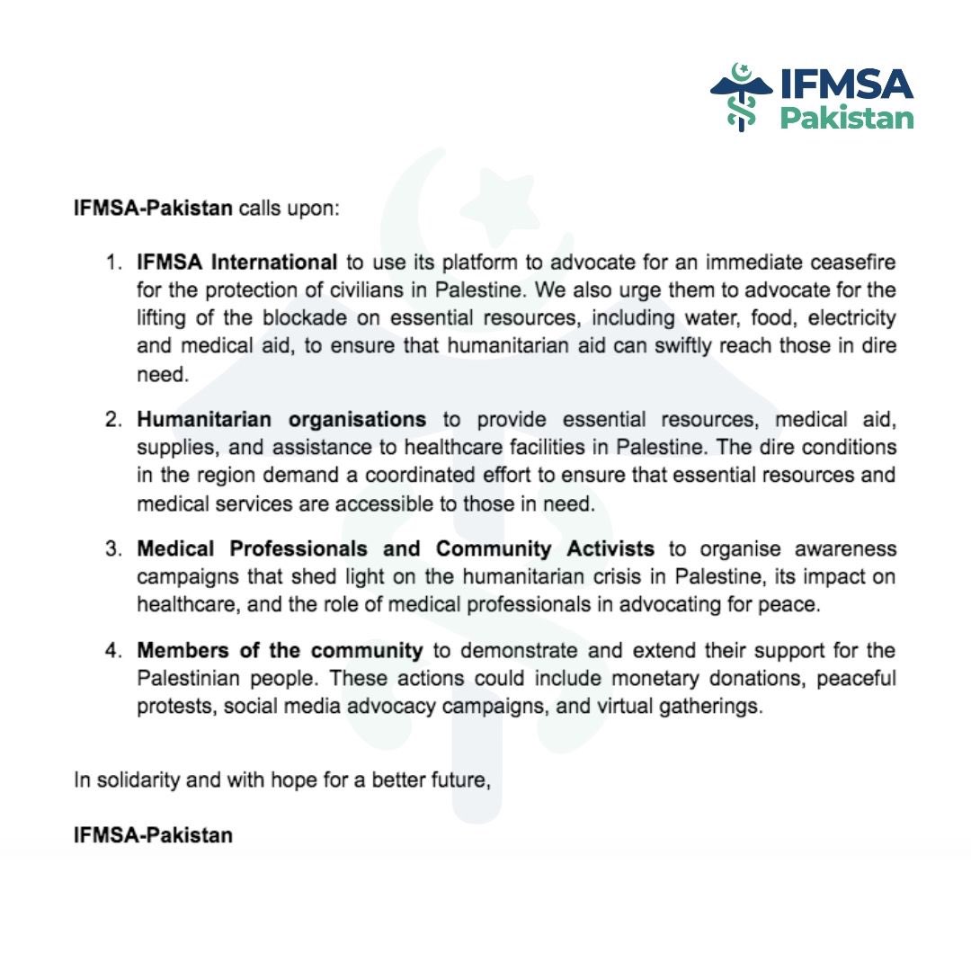 IFMSA_Pakistan's tweet photo. A statement by IFMSA-Pakistan. 
#Gaza #Palestine https://t.co/opz7Jm2MCB