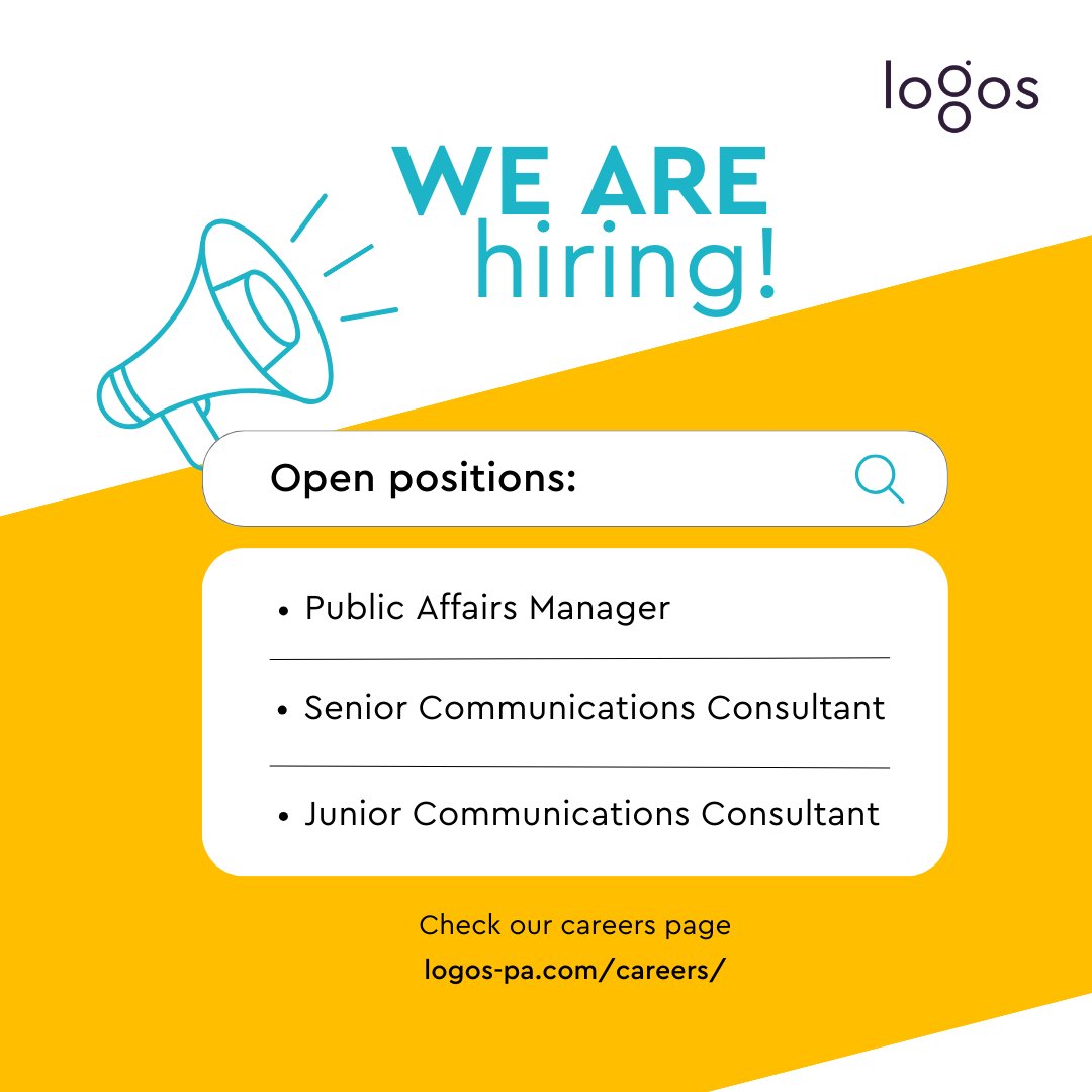 logos is #hiring!

We are looking for a junior and a senior communications profile to join our #sustainability &amp; #energy practice ⚡, as well as a skilled #publicaffairs manager to lead our #defence &amp; #aerospace activities 🚀.

More info at logos-pa.com/careers/