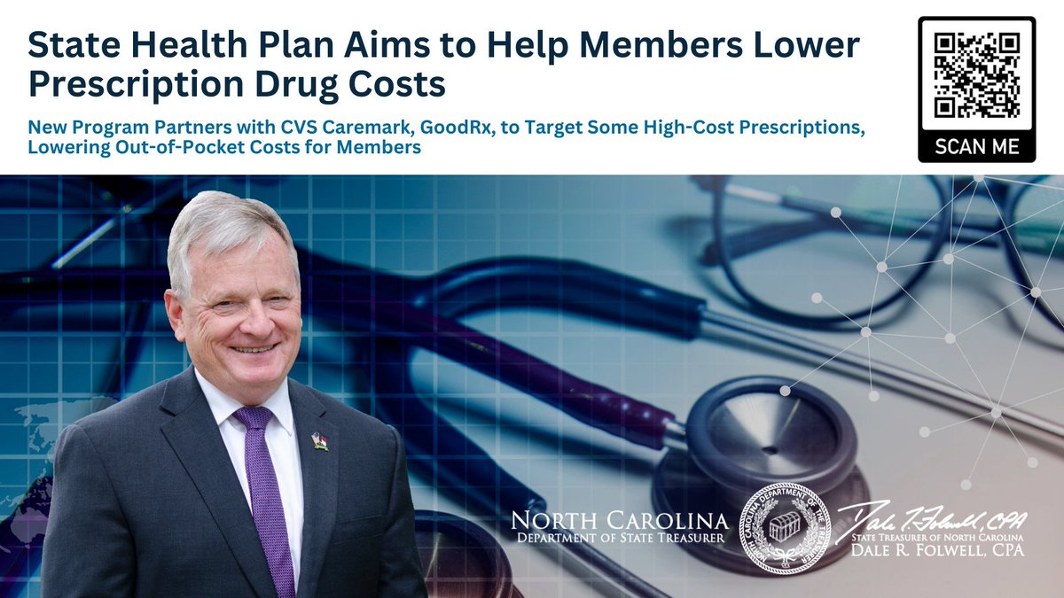 NCTreasurer's tweet photo. (Raleigh, N.C.) – North Carolina State Treasurer Dale R. Folwell, CPA, announced today that beginning Jan. 1, 2024, some #StateHealthPlan members will enjoy lower prescription drug costs at the pharmacy. #ncpol #shp #ncleg #shpnc

MORE: https://t.co/u76Qggsa2h https://t.co/v1OVnnUm4e