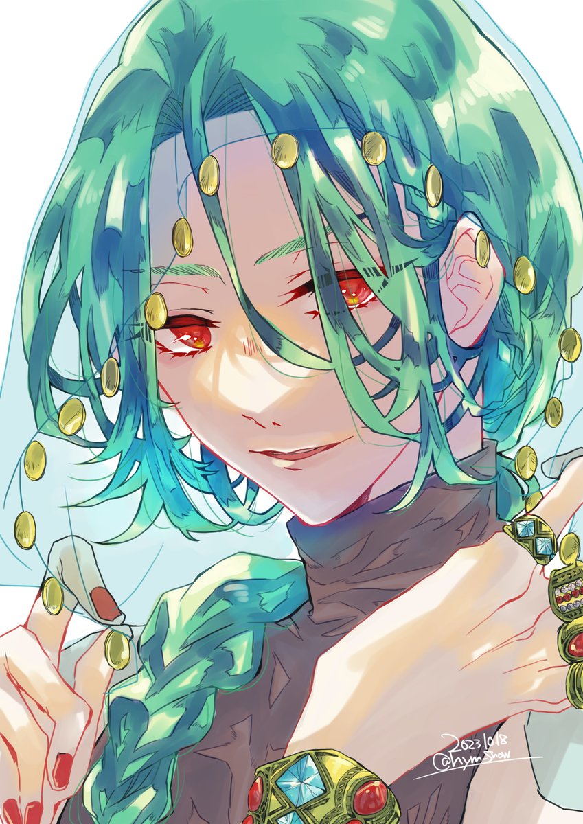 male focus red eyes 1boy solo braid jewelry green hair  illustration images