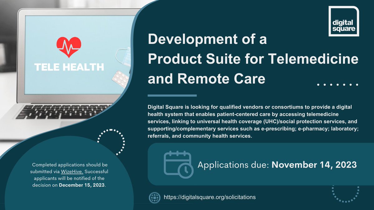 Are you a digital innovator working in telemedicine and remote care? 💻🩺 We are looking for qualified vendors or consortiums to provide a digital health system enabling patient-centered remote care services.
Applications due by 5pm ET on Nov 14, 2023: digitalsquare.org/rfa-telemedici…