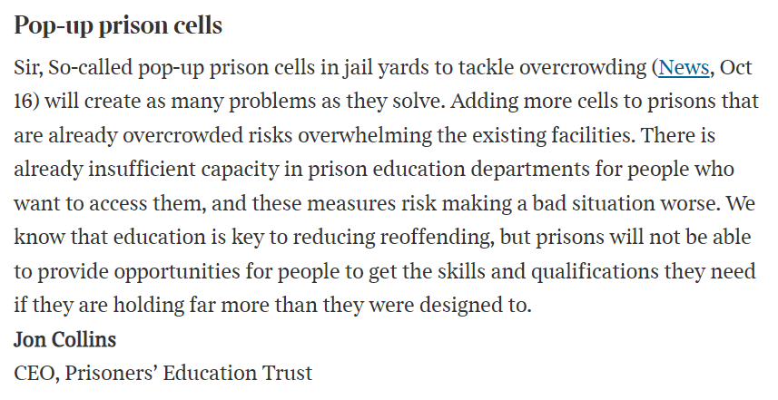 Jon Collins (@jonbcollins) on Twitter photo I had a letter in <a href="/thetimes/">The Times and The Sunday Times</a> today highlighting the risks to prison education that will result from cramming more cells into already overcrowded and under-resourced prisons.
thetimes.co.uk/article/times-… I had a letter in <a href="/thetimes/">The Times and The Sunday Times</a> today highlighting the risks to prison education that will result from cramming more cells into already overcrowded and under-resourced prisons.
thetimes.co.uk/article/times-…