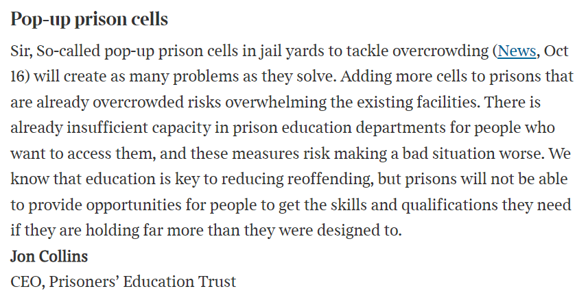 I had a letter in @thetimes today highlighting the risks to prison education that will result from cramming more cells into already overcrowded and under-resourced prisons. thetimes.co.uk/article/times-…