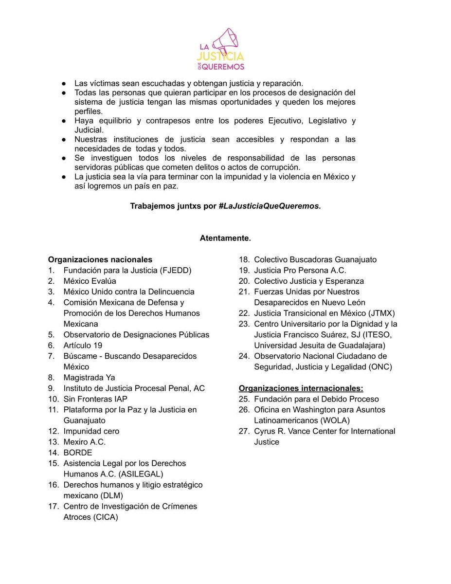 📢#Comunicado | Nace colectivo #LaJusticiaQueQueremos ⚖️

Más de 25 organizaciones (nacionales e internacionales), colectivos y personas nos unimos haciéndo una llamada a que las fiscalías sean autónomas y la justicia independiente. 🙌

¡Conoce más de está iniciativa y Súmate! 🤝