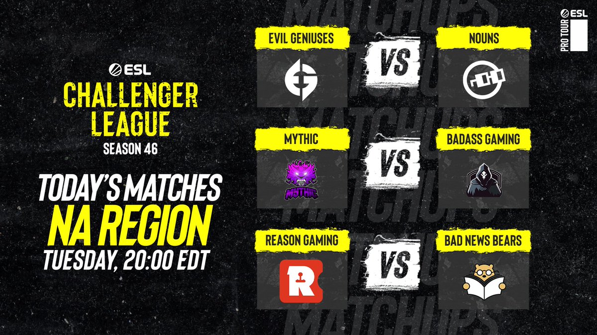ESLCS's tweet photo. We have more of the North American #ESLChallengerLeague coming your way in 1️⃣ hour!

▶ @EGCSGO vs. @nounsesports 
🎙 @DarfMike &amp; @JRTTVee 
📺 /esea

▶ @MythicRebornGG vs. @BadassGamingGG 
🎙 @AnThranCS &amp; @ynoTFPS 
📺 /esea_b https://t.co/JczHey8WGl