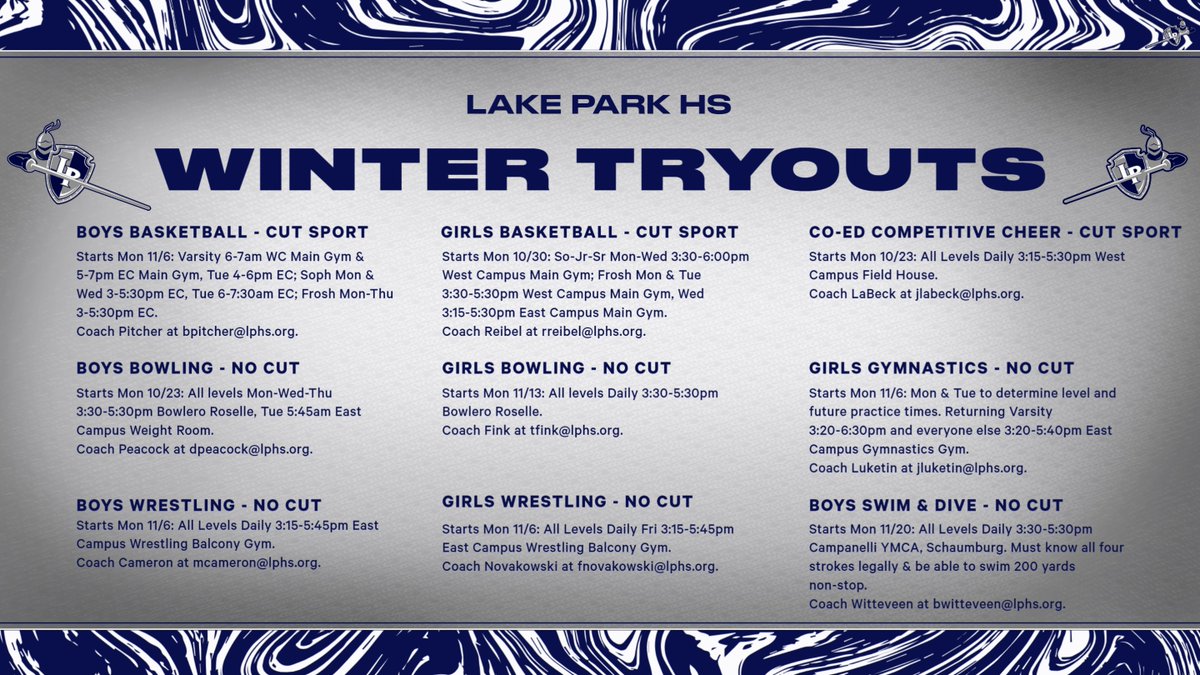 It's game time! You must be registered with a current physical to tryout <a href="/LPBoysBBall/">LP Boys Basketball</a> <a href="/LPLancerBB/">LPLancerBB</a> <a href="/Lancer_Bowling/">LakeParkGirls</a> <a href="/LPLancerCheer/">LakeParkCheer</a> <a href="/LPgirlsgym/">Lake Park Girls Gymnastics</a> <a href="/LPHSSwim/">Lake Park Swim Team</a> <a href="/LPHSwrestling1/">Lake Park Wrestling</a> <a href="/LPBGYM/">Coach Nova</a>
students.arbitersports.com/programs/winte…