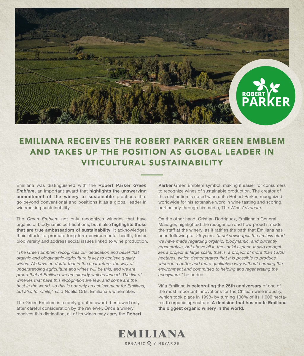 Emiliana was distinguished with the Robert Parker GreenEmblem. 

See attached for english translation and below for the original post 😁🇨🇱🍷

linkedin.com/pulse/emiliana…