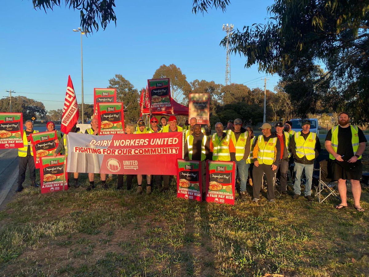 HAPPENING NOW: Dairy Strike Making History Victorian dairy workers have commenced a 48 hour STRIKE. Workers are sick and tired of being milked for all they’re worth by big dairy companies! Time's up - workers need a fair pay offer! #ausions #DairyStrike