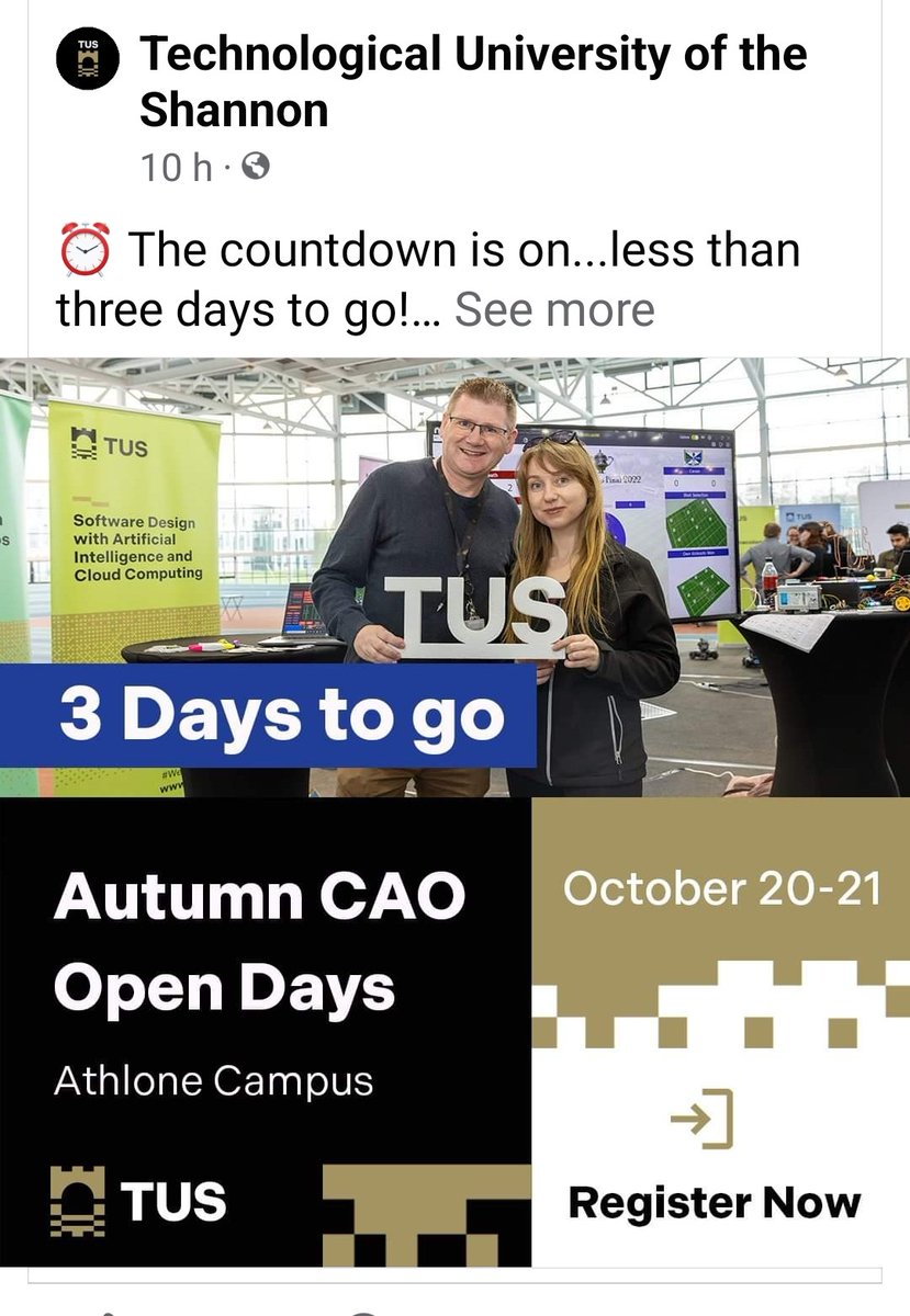 cahill_ashley's tweet photo. Not long to go until the @TUS_Athlone_ Open Day.

Looking forward to meeting prospective students to talk about software design, digitisation and visualisations... with a healthy focus on sport 😉
#WeAreTUS

#PowerBI #SportsAnalysis  #softwaredevelopment #SoftwareEngineering https://t.co/TzC2cTuQJY