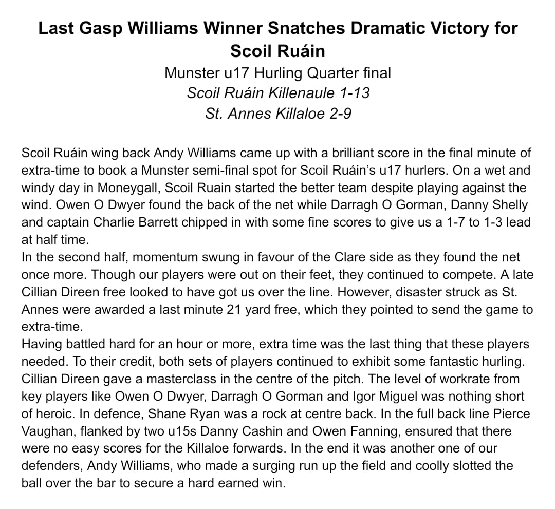 Scoil Ruáin (@scoilruain) on Twitter photo Huge congratulations to our U17 hurling team on their thrilling victory! 🏆 We want to commend each and every player for their unwavering determination until the very end. Check out the attached student report for all the exciting details! #Victory #U17Hurling <a href="/TipperaryETB/">Tipperary Education and Training Board</a> Huge congratulations to our U17 hurling team on their thrilling victory! 🏆 We want to commend each and every player for their unwavering determination until the very end. Check out the attached student report for all the exciting details! #Victory #U17Hurling <a href="/TipperaryETB/">Tipperary Education and Training Board</a>