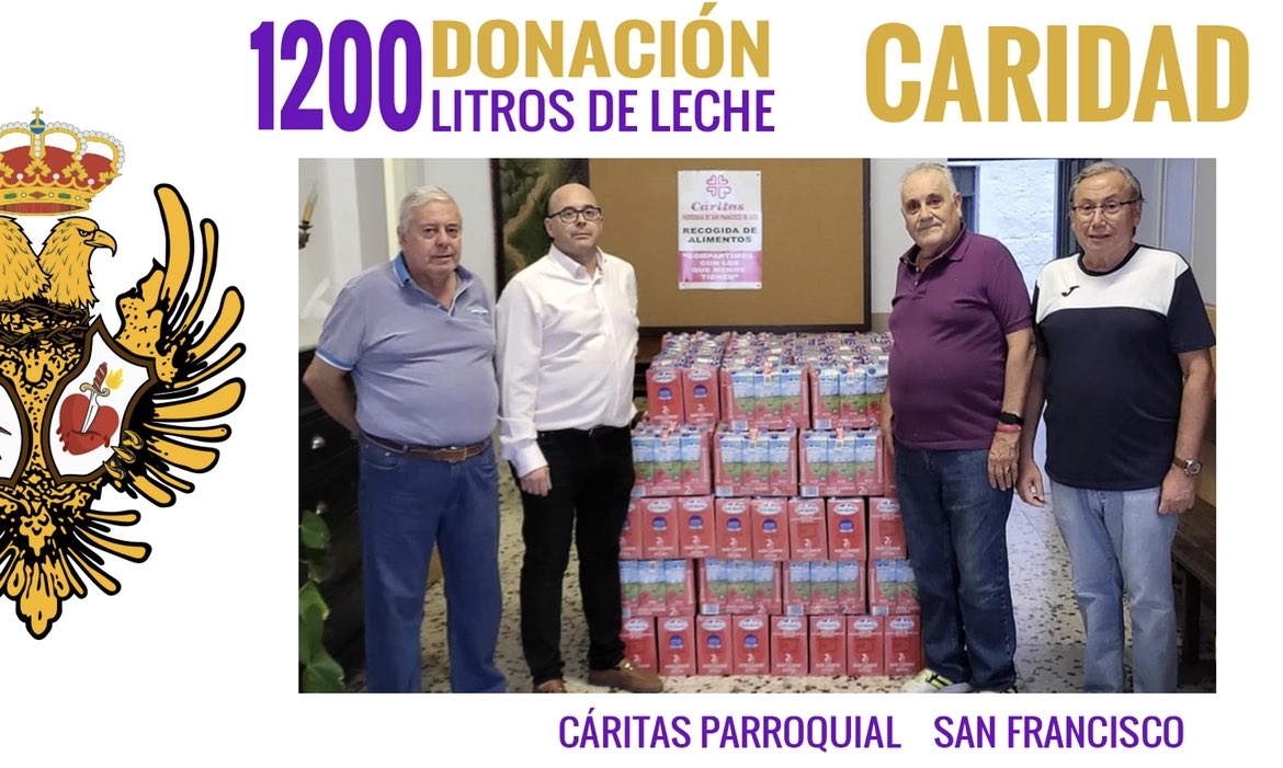 Nuestra Cofradía ha donado 1.200 litros de leche a Cáritas Parroquial.
La ciudad de Linares se volcó un año más acompañándonos en la caseta de feria, y otra vez el Nazareno de Linares se vuelca con los más necesitados, atendiendo la petición de Cáritas.
#NazarenoLinares
#Caridad