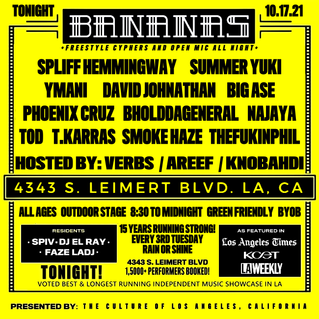 Los Angeles, CA : Join Us Tonight at <a href="/bananasnetwork/">Bananas Network</a> 

Jam Session at the start and end of the night, doesn't matter if you don't recognize any of the names. Promise it's a good time.