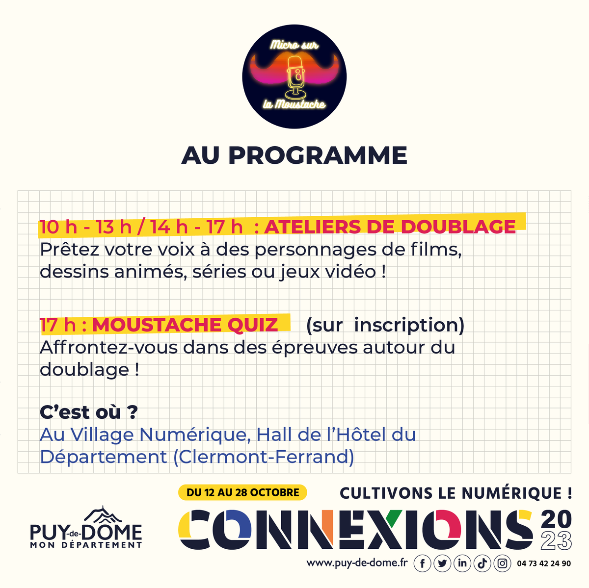 Micro sur la Moustache sera au @connexionfestival à Clermont-Ferrand, le mercredi 25 octobre! 

Au programme : initiation doublage et Moustache quizz!

10h-13h &amp; 14h-17h ouverture du stand d'initiation au doublage 📷